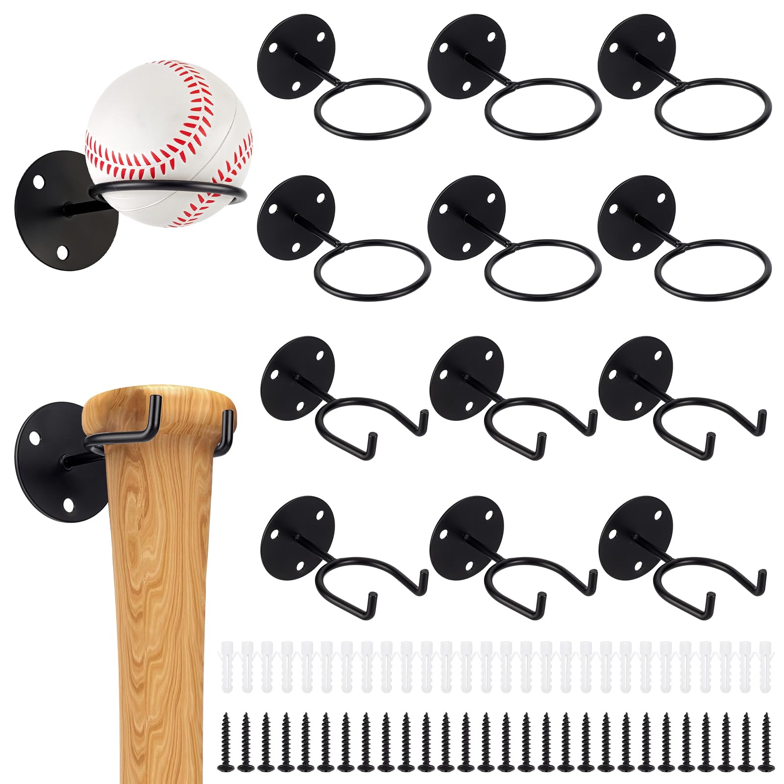 INTERWARM 12 Pack Baseball Display Wall Holder, 2 style Baseball Bat Storage Heavy-Duty Wall Mount Rack Sturdy Softball Wall Hanger Holder for Man Sports Ball Display Storage Decor Rack, Black