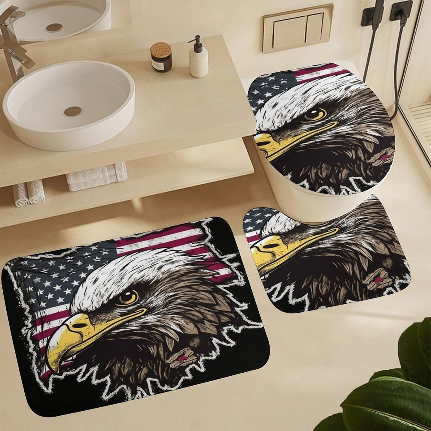 US Army Cool American Flag Eagle 4 Piece Bathroom Set with Shower Curtain - Includes Bath Mat U-Shaped Mat Toilet Lid Cover and Waterproof Curtain Non-Slip Mat