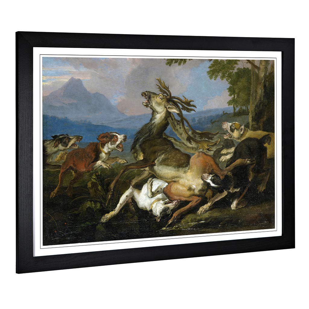 Big Box Art Framed Print of Abraham Hondius The Deer Hunt Design | Wall Art Picture | Home Decor for Kitchen, Living, Dining Room, Bedroom, Hallway, Office, Black, A2 / 24.5x18 Inch / 62x45cm