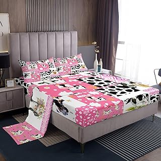 Erosebridal Cute Cow Twin Sheets Pink Cow Print Bed Set, Kawaii Animal Bed Sheets Set Farmhouse Wildlife Sheet Set, Patchwork Buffalo Bedding Set Boys Girls Room Decor