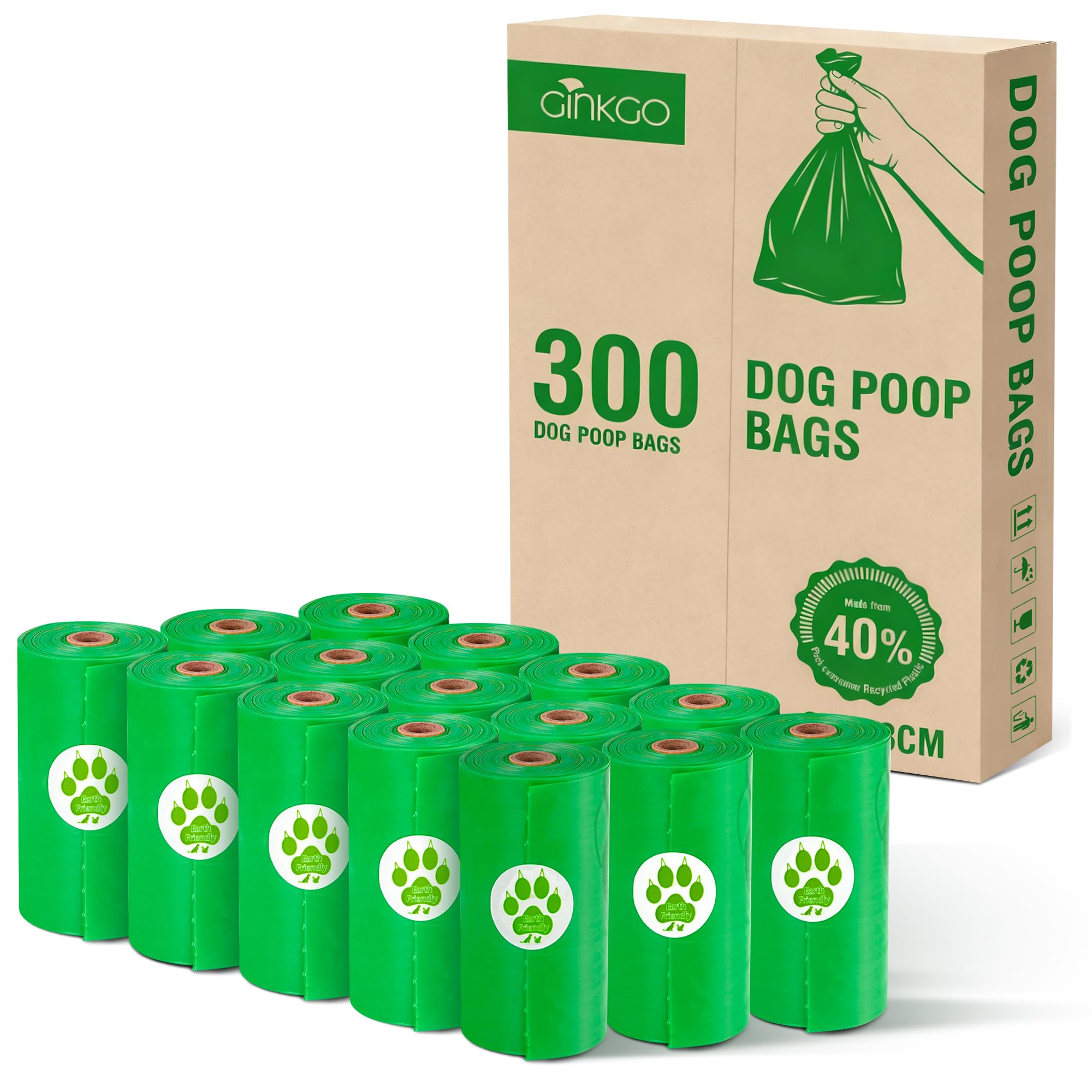 GINKGO 300 Pack Dog Poo Bags, 20 Rolls Poop Waste Pags, 100% Leak-Proof Extra Thick (Green)