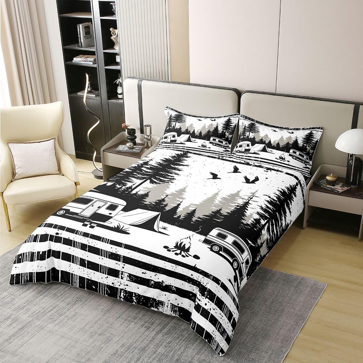 Homewish Juego de funda de edredón de algodón con diseño de bosque de pinos y árboles grises, para decoración de habitación, decoración de habitación, juego de cama estético