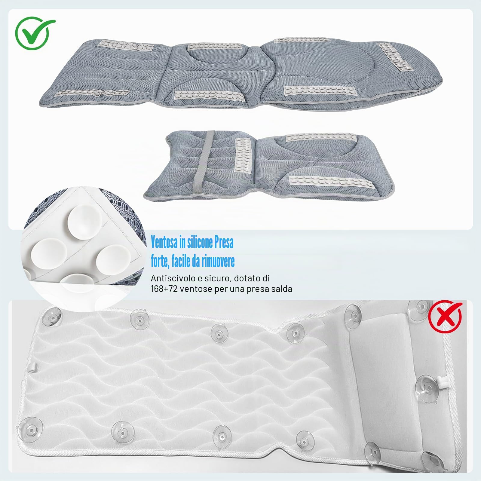 Cuscino per Vasca da Bagno a Corpo Intero, 125×40 cm per Altezza del Corpo 160–180 cm, Adatto Solo per Vasche da Bagno Lisce, Asciugatura Rapida, Amichevole per la Pelle