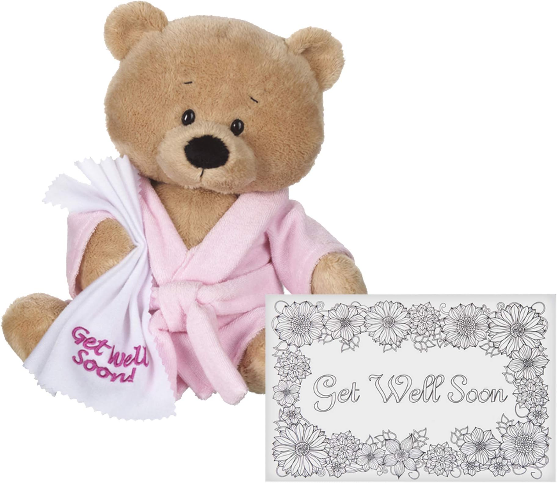 Ganz U.S.A., LLC Get Well Cuddle Bear Wearing a Pink Robe Holding a Get Well Soon Embroidered Blanket with Card