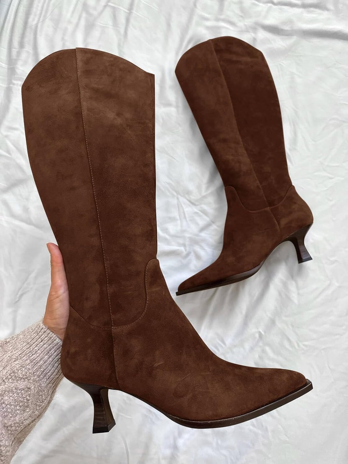 Coutgo Womens Wide Calf Knee High Boots Kitten Heel Pointed Toe Tall Boots Side Zipper Fall Winter Shoes - Image 2