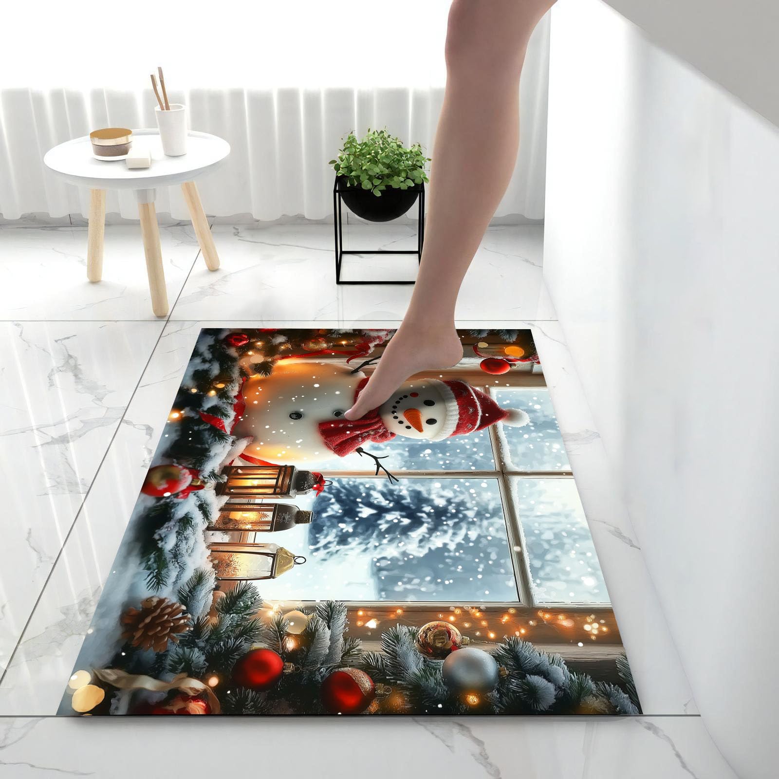 Felpudo Alfombra de Entrada Lavable, Decoraciones Navideñas Interior Muñeco De Nieve Farolillos Pequeña Alfombra Antideslizante Suave Superfina para Cocina Baño Dormitorio 90x150cm, Blanco grisáceo