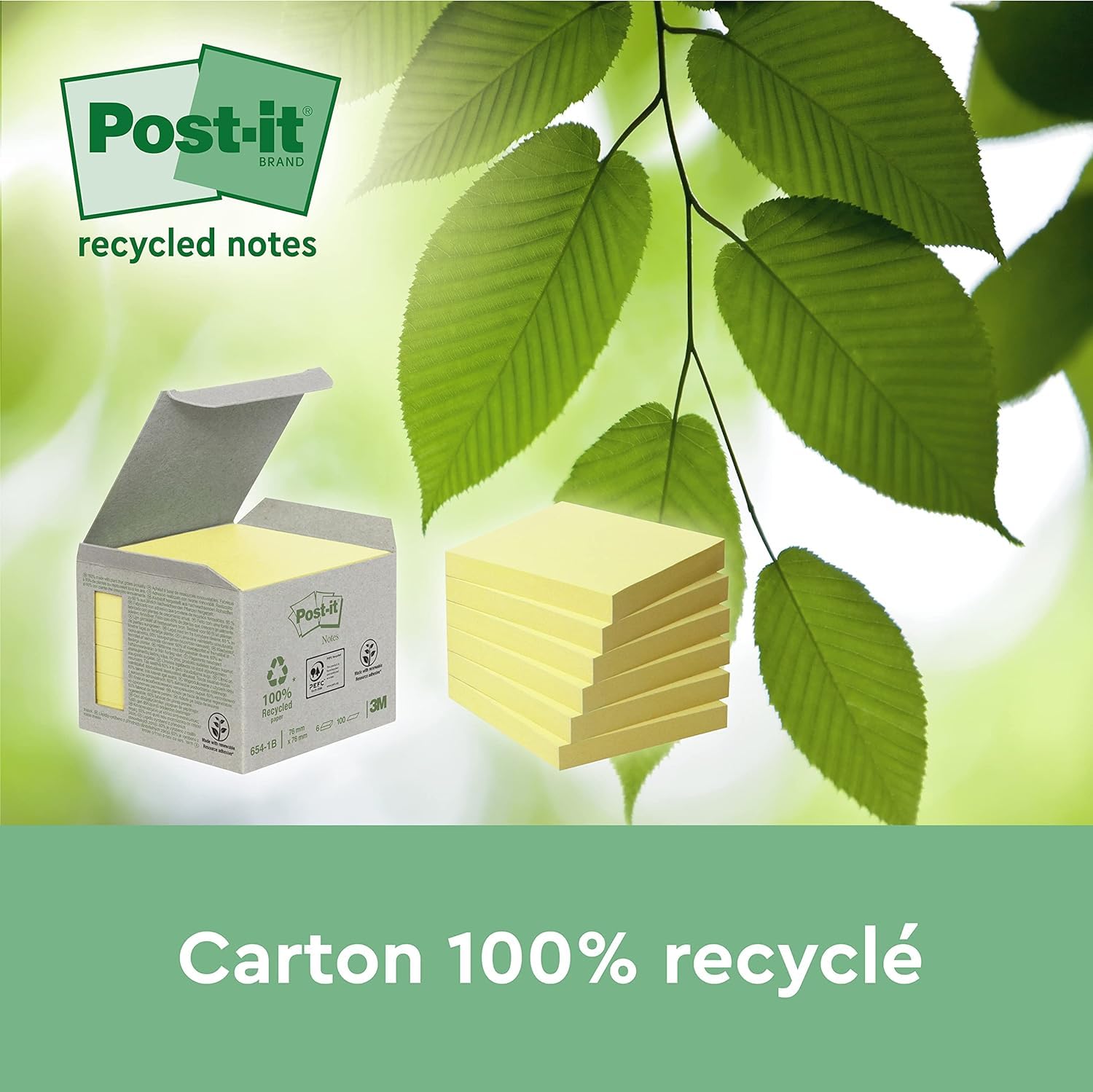 Post-it Notes Autocollantes, Recyclés - 16 Blocs, 100 Feuilles par Bloc, 76 mm x 76 mm - Feuillets Adhésifs pour Prise de Notes, Listes de Tâches et Rappels, Fabriqués à partir de Papier 100% Recyclé