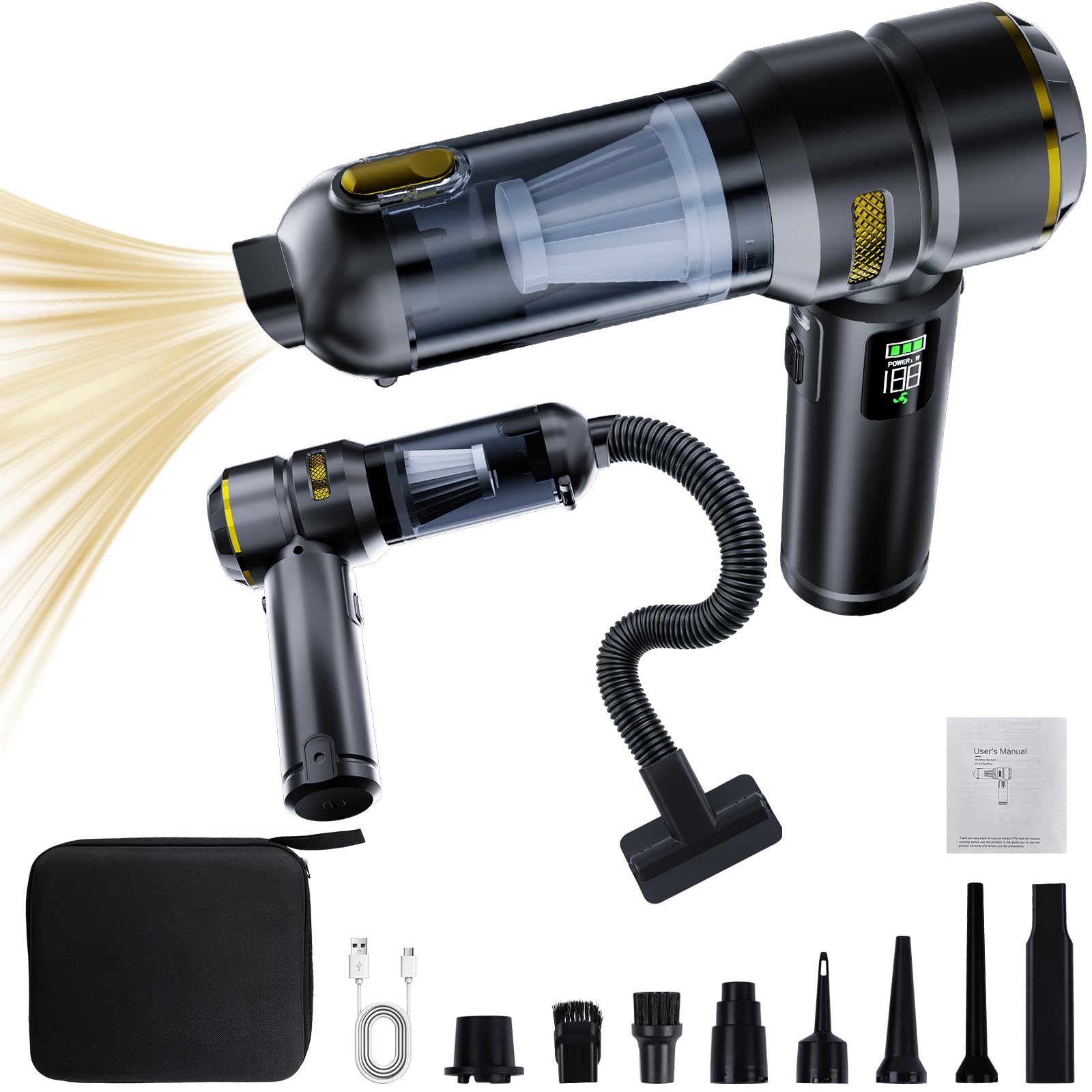 HOVIN Aspirabriciole Senza Fili, 24000Pa Aspirapolvere Auto Portatile, Aspiratore e Soffiatore con Motore Brushless, per la cucina, l’automobile, la casa, i peli di animali (Nero e oro)