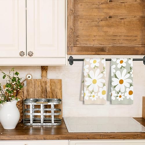Miniatura 2 de Toallas de cocina con diseño floral de margaritas, estilo retro de los años 70, color marrón y verde, toalla de mano rústica estilo botánico