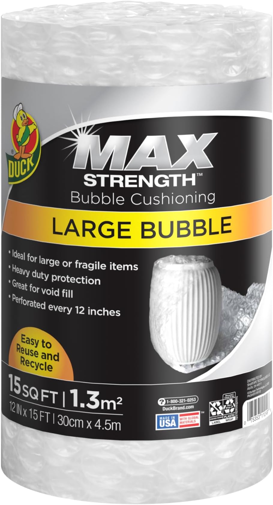 Duck Brand Large Bubble Wrap Roll, 5/16" Large Bubble Cushioning, 12" x 15', Perforated Every 12" (1304499)