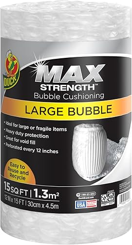 Duck Max Strength Bubble Cushioning Wrap for Moving & Shipping, 15 FT, Large Bubble Packing Wrap for Heavy Duty Protection Packaging Boxes, Clear Bubble Roll Moving Supplies, Perforated Every 12 IN