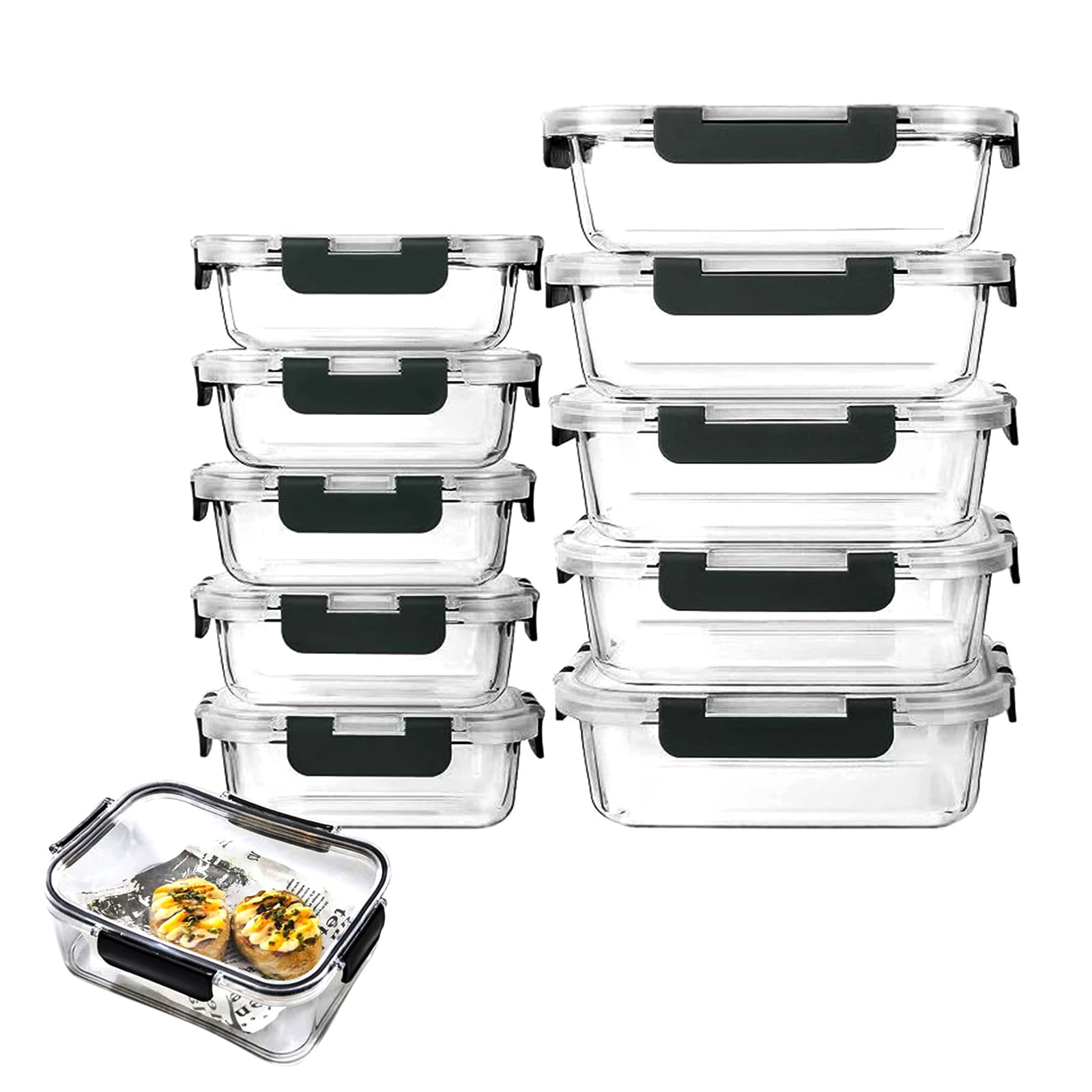 CHUNGG Glass Prep Food Containers Reusable with Lids 10, Meal Prep Containers Suitable for Microwave Ovens, Ovens, Refrigerators and Dishwashers, 1040ML&370ML Black