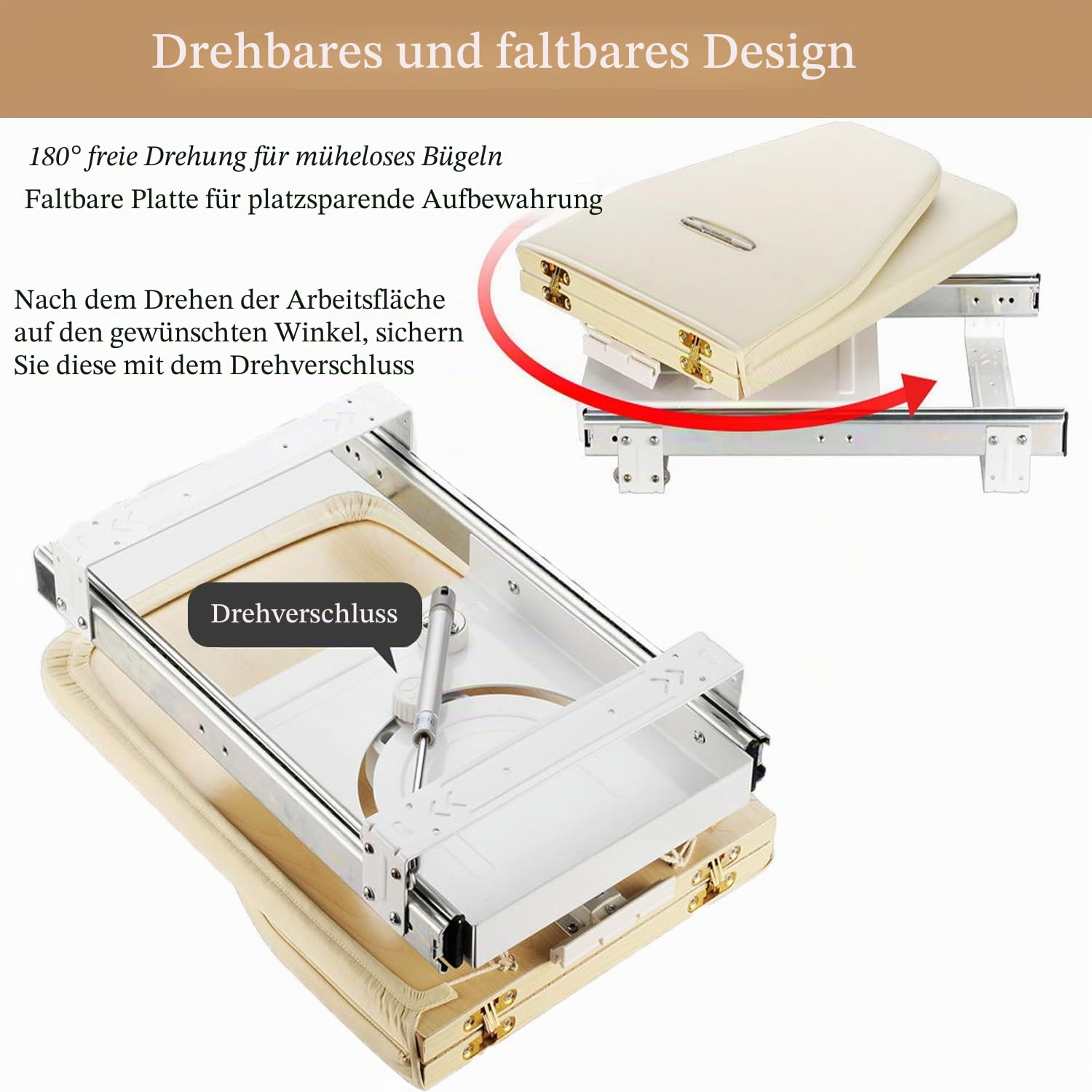 Bügelbrett Bügeltisch Station 82x31cm, Klappbar Bügelbretter Station Ablage Drehbar Dampfbügeltisch Brett mit Ausziehbar Bezug Tuch Höhenverstellbar - Beige | Ausziehbares Bügelbrett, platzsparend, Schublade, 82 x 31 cm, mit hitzebeständiger Schiebe-Press