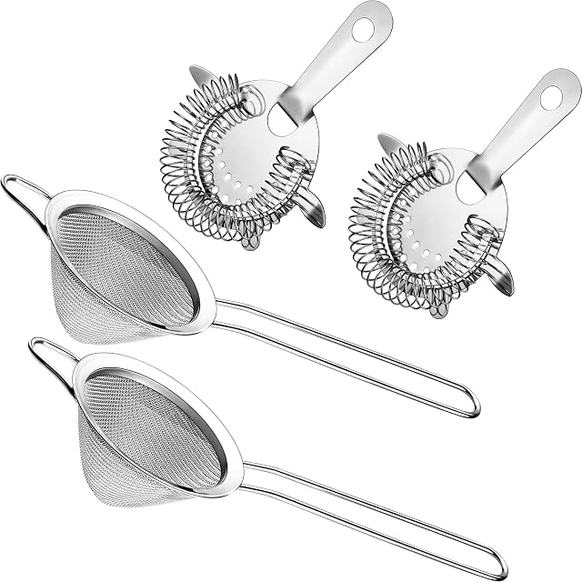 4 Pieces Fine Mesh Strainer with Handle Cocktail Strainer Stainless Steel Conical Food Strainer Silver Stainless Steel Bartender Colander Filter for Home Kitchen Bar Accessories