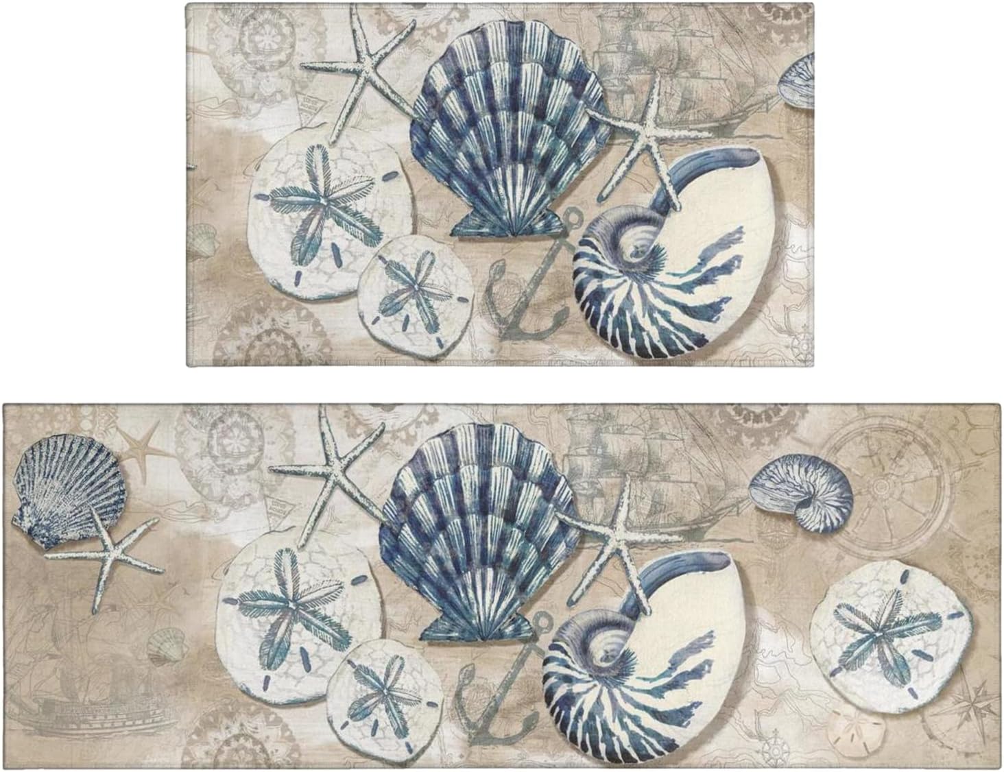 Nautical Kitchen Rugs Set 2 Piece,Ocean Theme Seashell Decorative Rugs for Kitchen, Tropical Beach Low-Profile Floor Mats Decorations for Home Kitchen (17"x48"+17"x30")