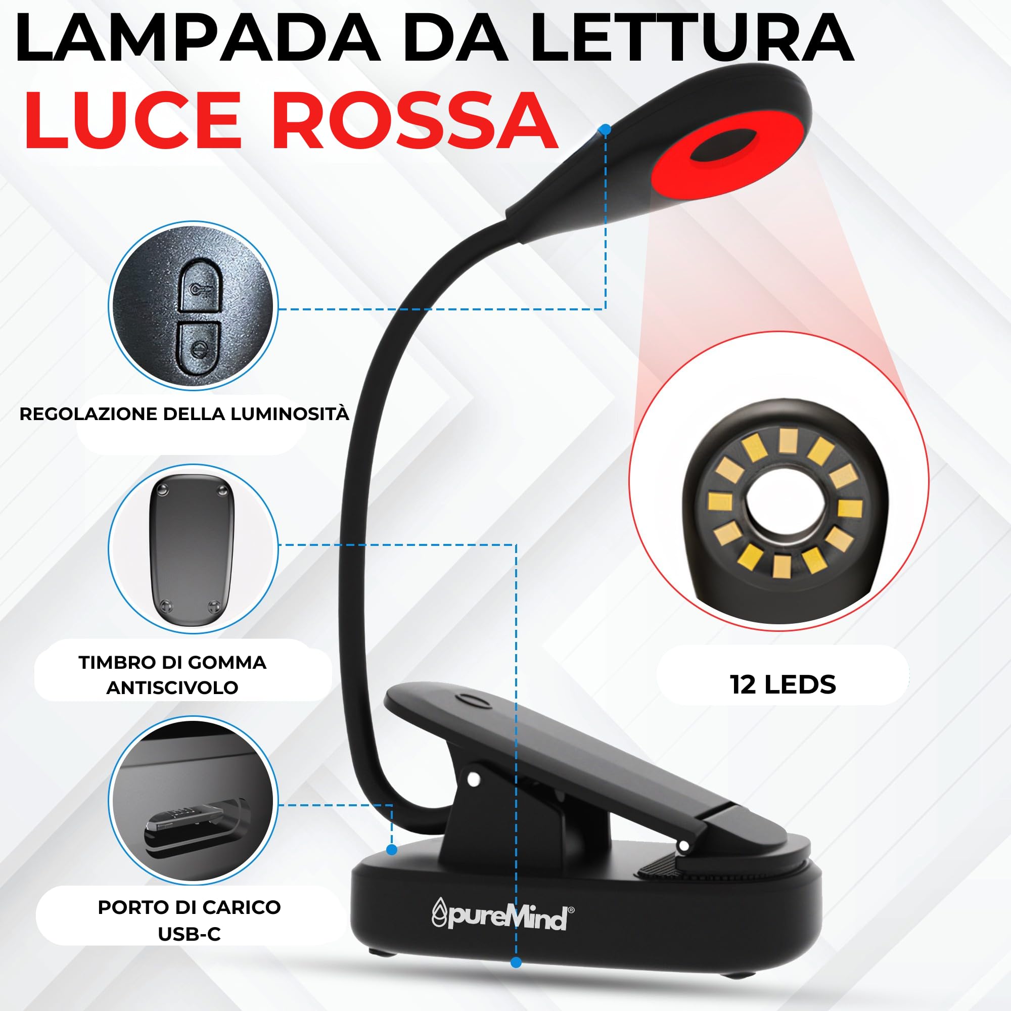Puremind Lampada Lettura Luce Rossa con Pinza USB Ricaricabile - Senza Luce Blu + Flicker Free - Collo Flessibile 360º + 3 Intensità - Lettura Notturna a Letto + Relax + Studio