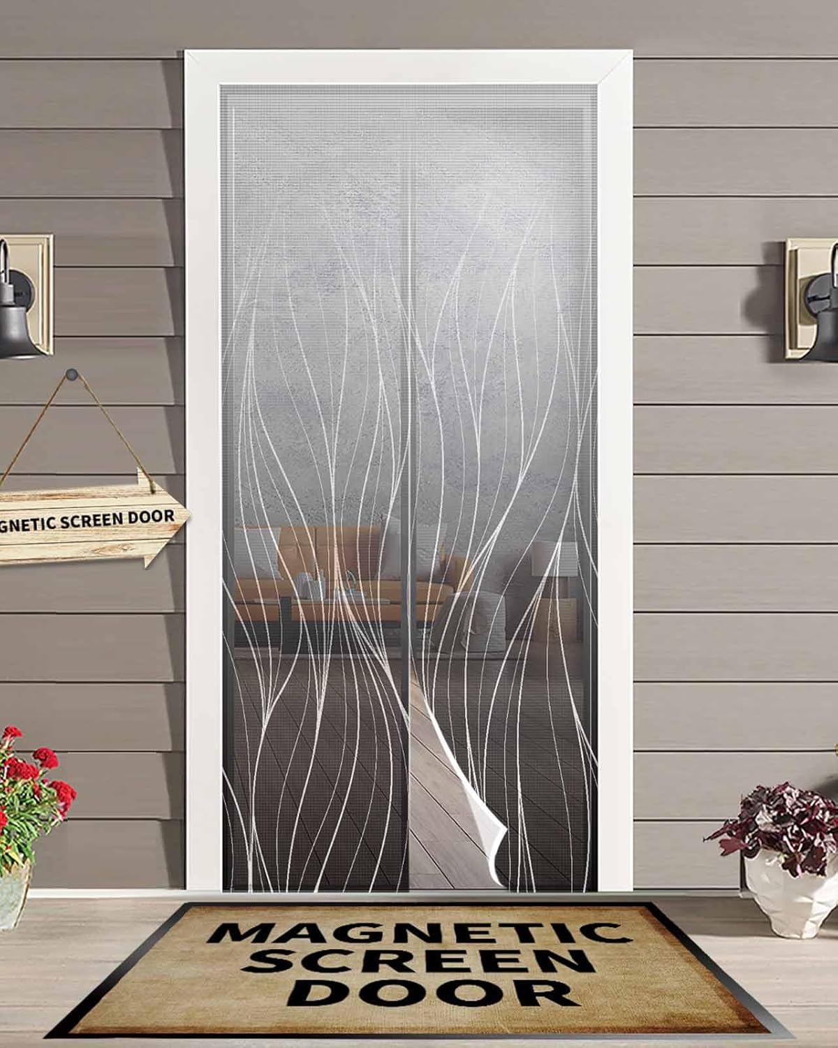 Black White Ombre Magnetic Screen Door, Modern Abstract Art Striped Hands Free Screen Mesh Size 38" x 83", Reinforce Heavy Duty Mesh Screen Doors for Patio/Front/Sliding Door