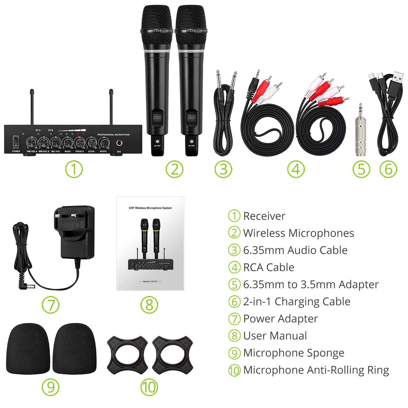 LiNKFOR Bezprzewodowy mikrofon UHF z możliwością ponownego ładowania Bluetooth 5.0, Dual Handheld, metalowy system mikrofonowy, wejście/wyjście, wyjście 6,35 mm do maszyny do karaoke, miksera,