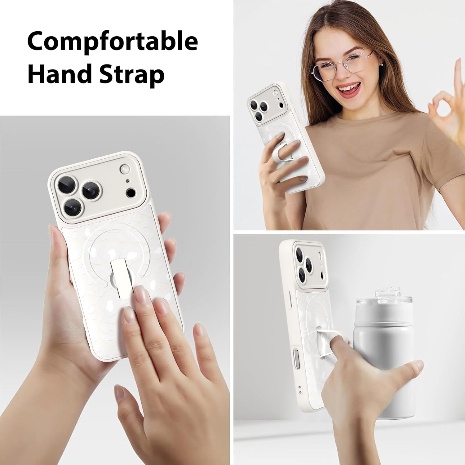 KANGHAR Compatible with iPhone 17 Pro Max Case White Leopard Print Pattern Compatible with Magsafe Cute Cheetah Wristband Stand Phone Magnetic Cover for Women Girls Men Protective Cover