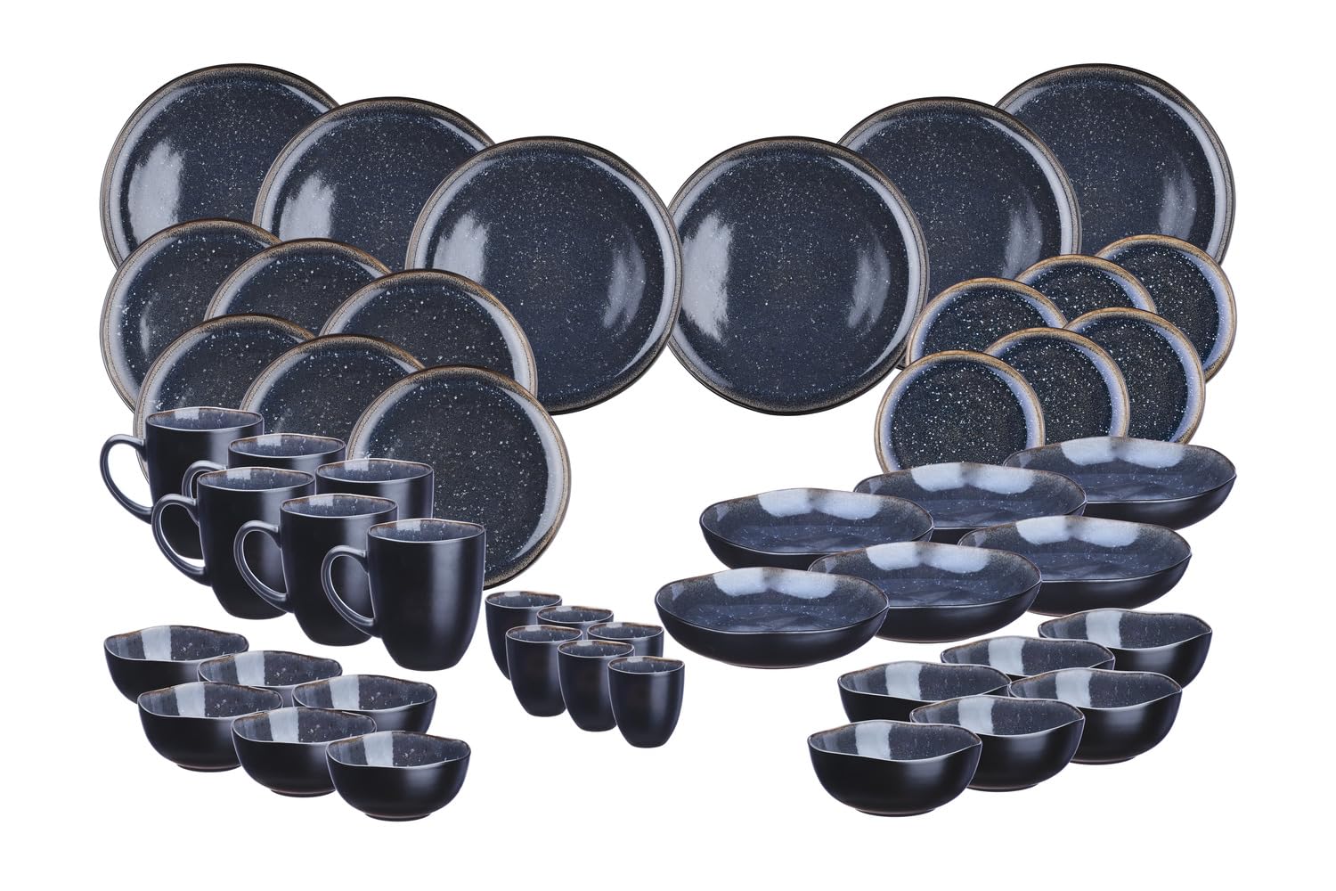 BJORN Service de Vaisselle Complet IRIS 42 Pièces pour 6 Personnes – Grès Émaillé Réactif Bleu Nuit, Assiettes Bols Mugs et Tasses, Service de Table Design Élégant