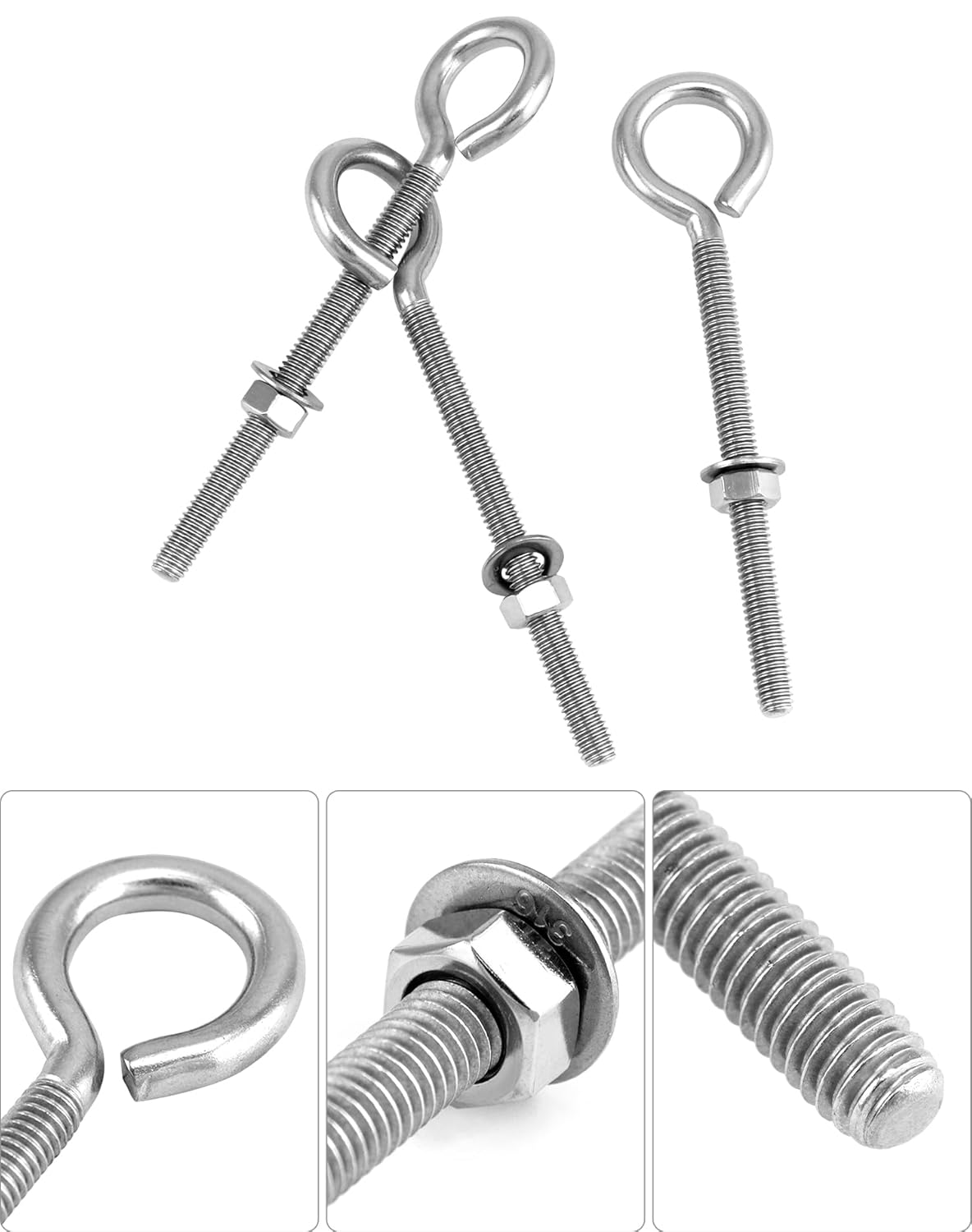 QWORK Eye Bolts, 10 Pack 5/16" x 4" Stainless Steel Long Threaded Eyebolts with Nuts, for Hanging or Securing Cables