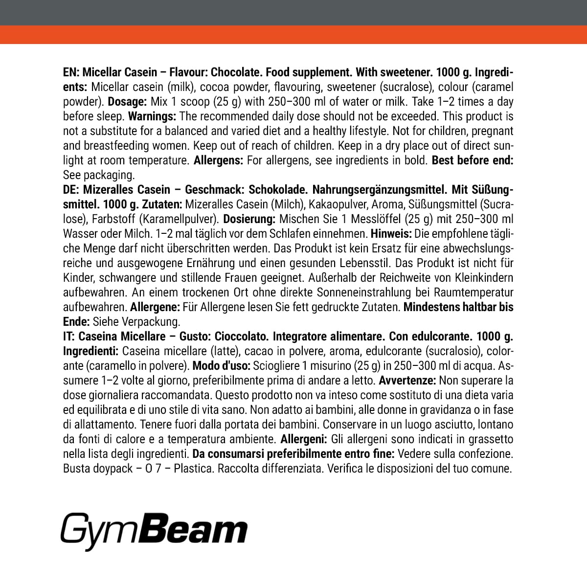 GymBeam Mizellares Kasein Proteinpulver – langsame Absorption, fettarm, unterstützt Regeneration und Knochengesundheit, ideal für Gewichtsabnahme und Muskelaufbau, (1000 g, Schokolade)