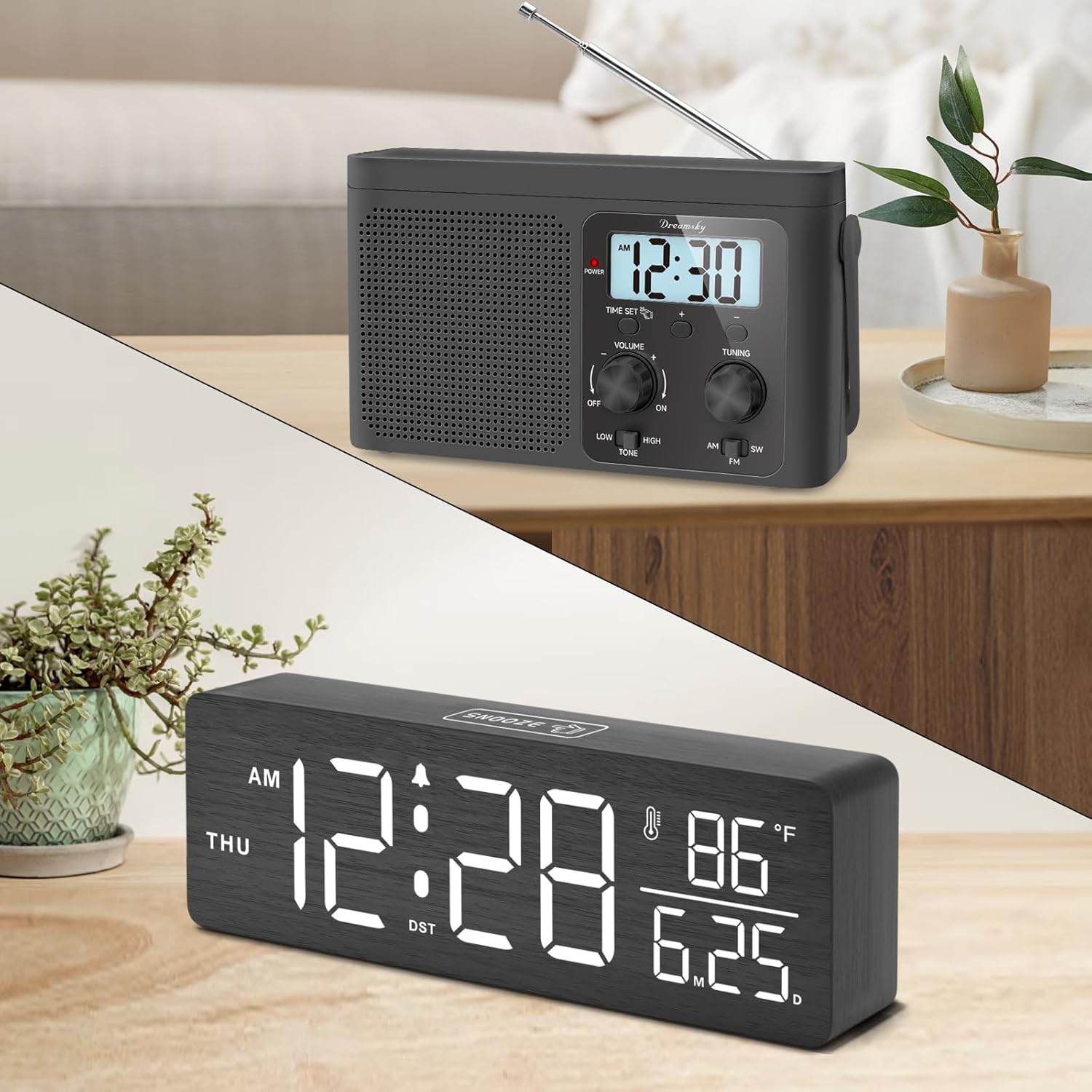DreamSky AM FM Shortwave Radio + Wood Desk Clock with Date and Temp
