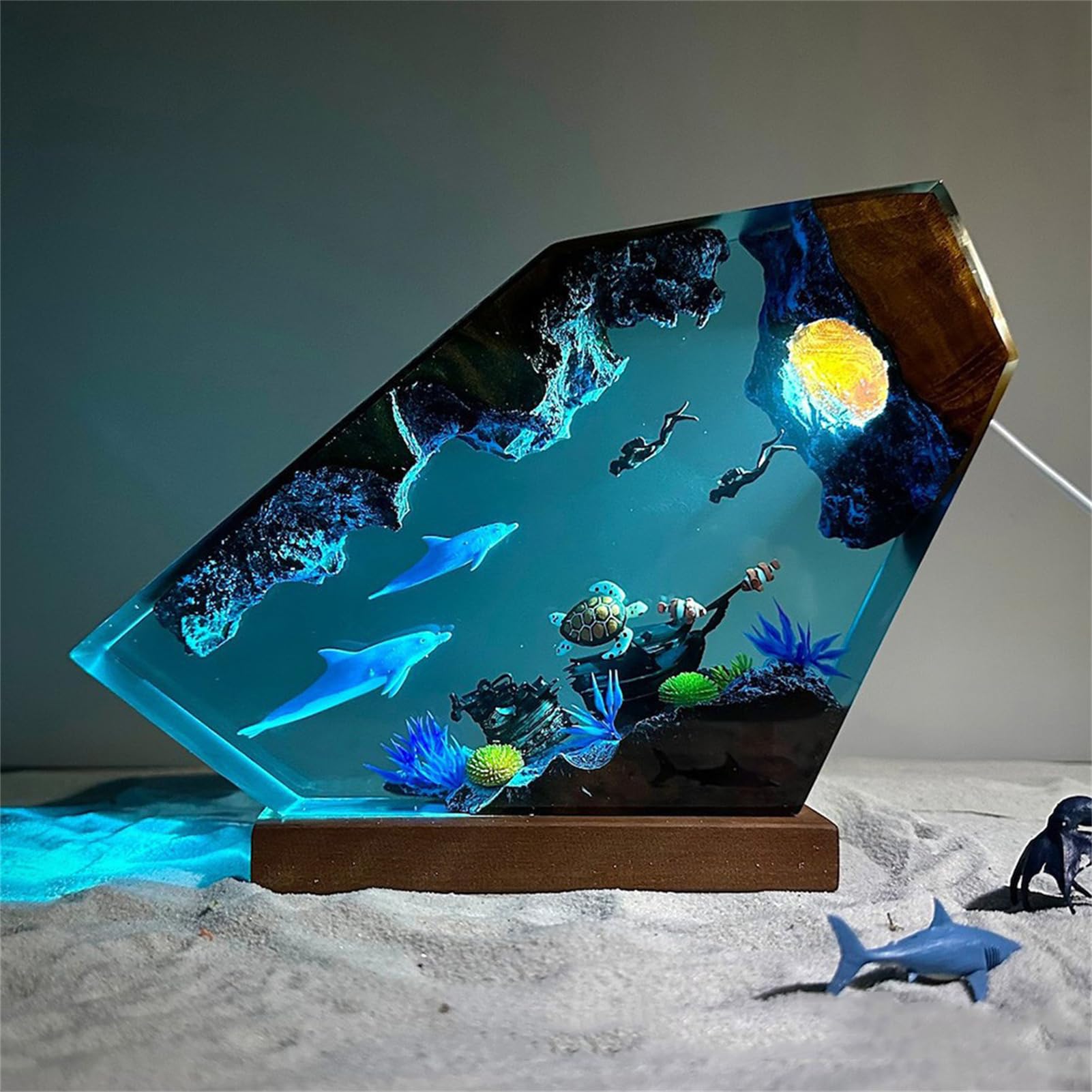 Veilleuse LED Océan, Résine Recyclée Faite À La Main Océan Dauphin Plongeur Lampe pour Bureau Bureau Salle De Bain Décor,8 * 5in