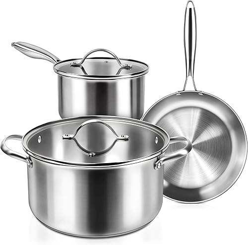 Juego de utensilios de cocina de acero inoxidable de 5 piezas con tapas, ollas y sartenes de tres capas, juego de cocina no tóxico, listo para