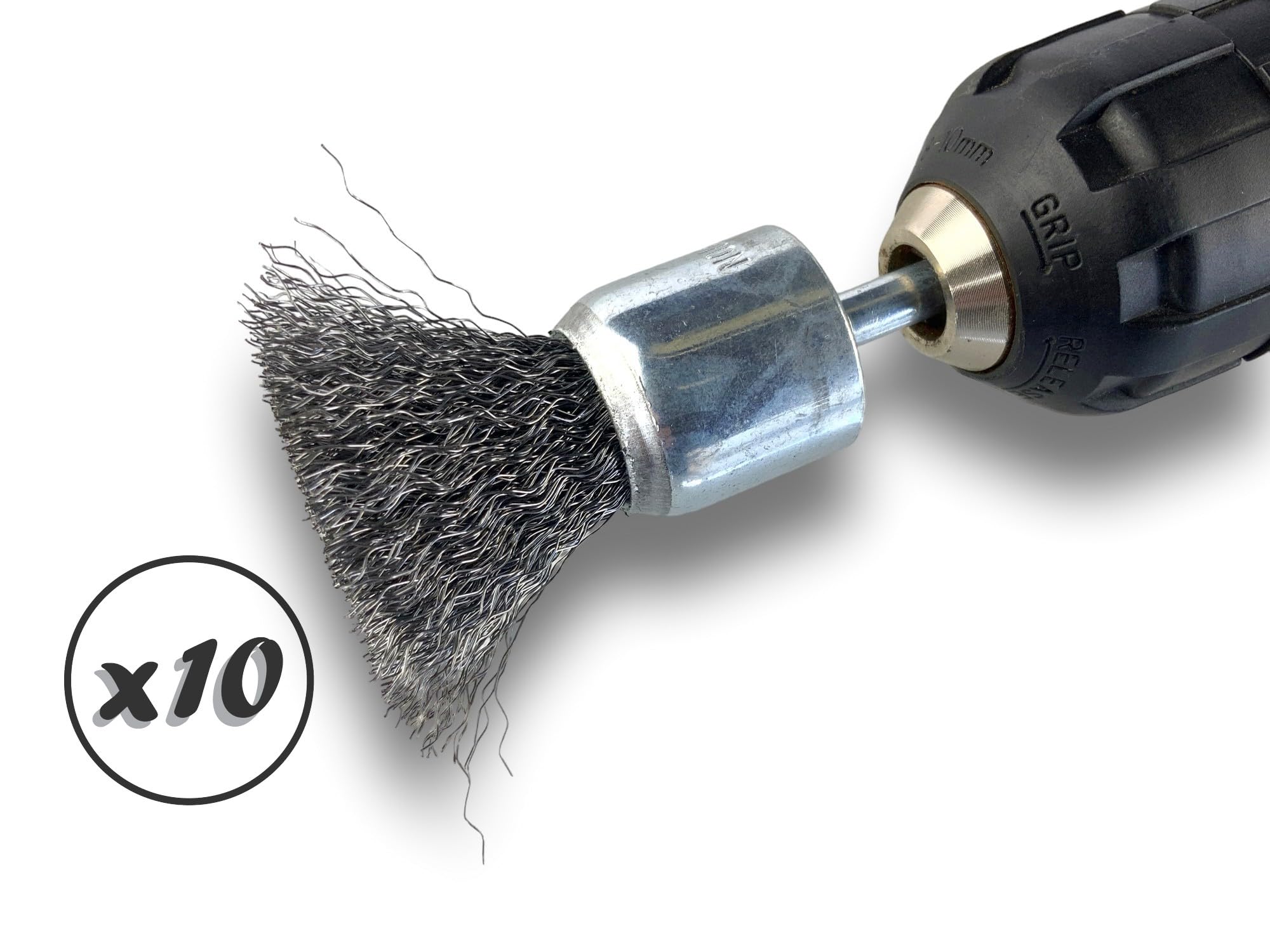Metalowa szczotka obrotowa z końcówką Ø 22 mm | Zestaw 10 sztuk | Kształt pędzla na pręcie Ø 6 mm | Nici stalowe Ø 0,20 mm miękkie | Do wiertarki lub wkrętarki z uchwytem | Kibros 20AV22x10