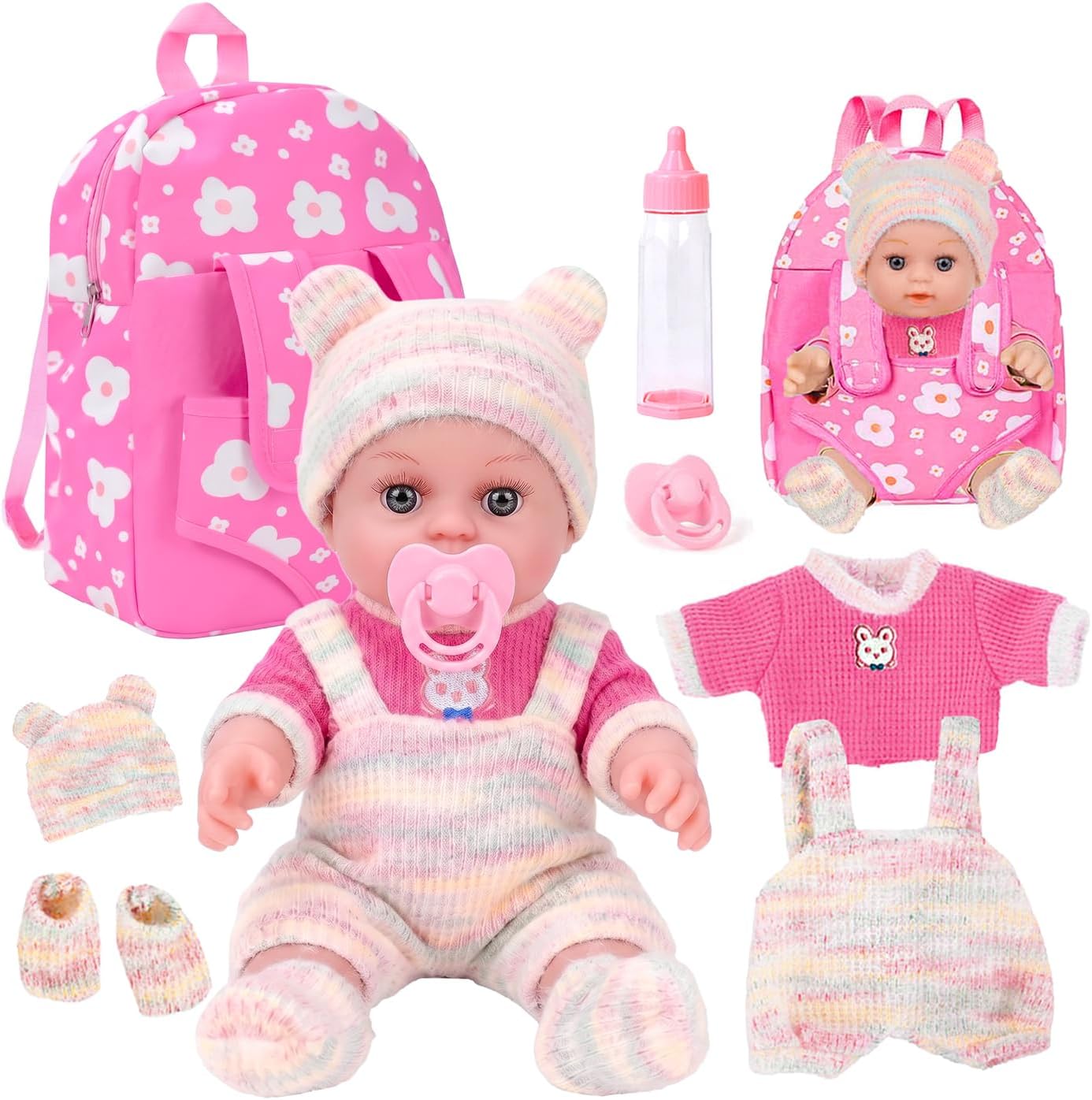 12'' Baby Doll with Backpack in Gift Box, Baby Doll Accessories Set Included 12 Inch Cute Realistic Baby Dolls, Clothes, Carrier, Washcloth, Bottles, Nipple, Socks, Hats for 3+ Girls