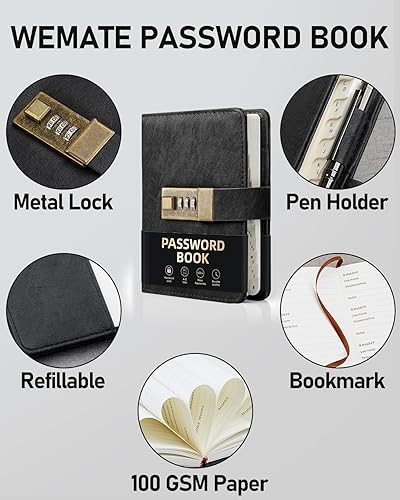 Miniatura 7 de WEMATE - Libro de contraseñas con cerradura libro de contraseñas con pestañas alfabéticas más de 600 espacios de contraseña direcciones de Internet