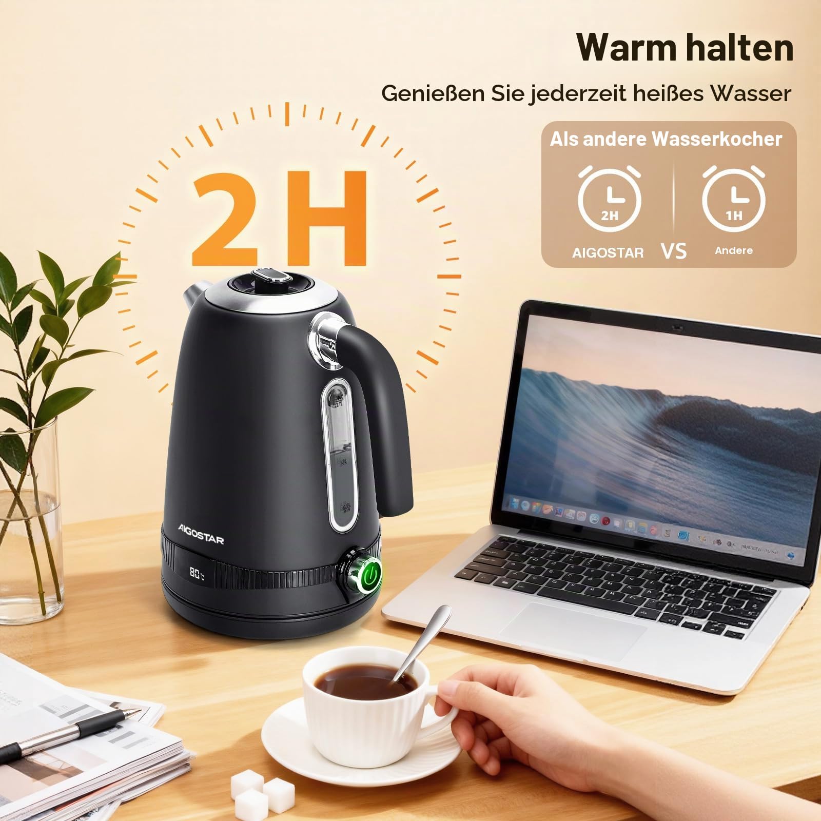Aigostar Edelstahl Wasserkocher mit Temperatureinstellung, Schwarz Matt