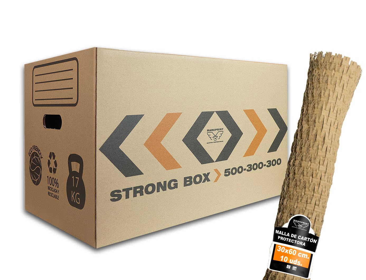 MARCPRINT Pack 10 Cajas Mudanza + Malla - Cajas Carton Mudanza (50x30x30cm) Reforzadas y Resistentes - Cajas de Carton Certificación FSC - Cajas de Carton Mudanza 100% Reutilizables
