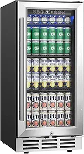 EUHOMY 15 Inch Beverage Refrigerator Cooler Under Counter 127 Cans Beverage Fridge Built-in or Freestanding with Glass Door, LED Light, Beer Fridge for Soda, Water, Wine - Home Kitchen Bar.