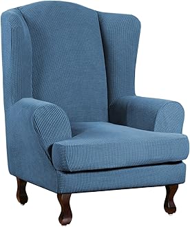 Turquoize Wingback Chair Covers 2 Piece Wing Chair Slipcover Stretch Slipcovers for Wingback Chairs Wing Chair Cover Spandex Jacquard Fabric with Elastic Bottom Non-Slip Furniture Cover, Dusty Blue