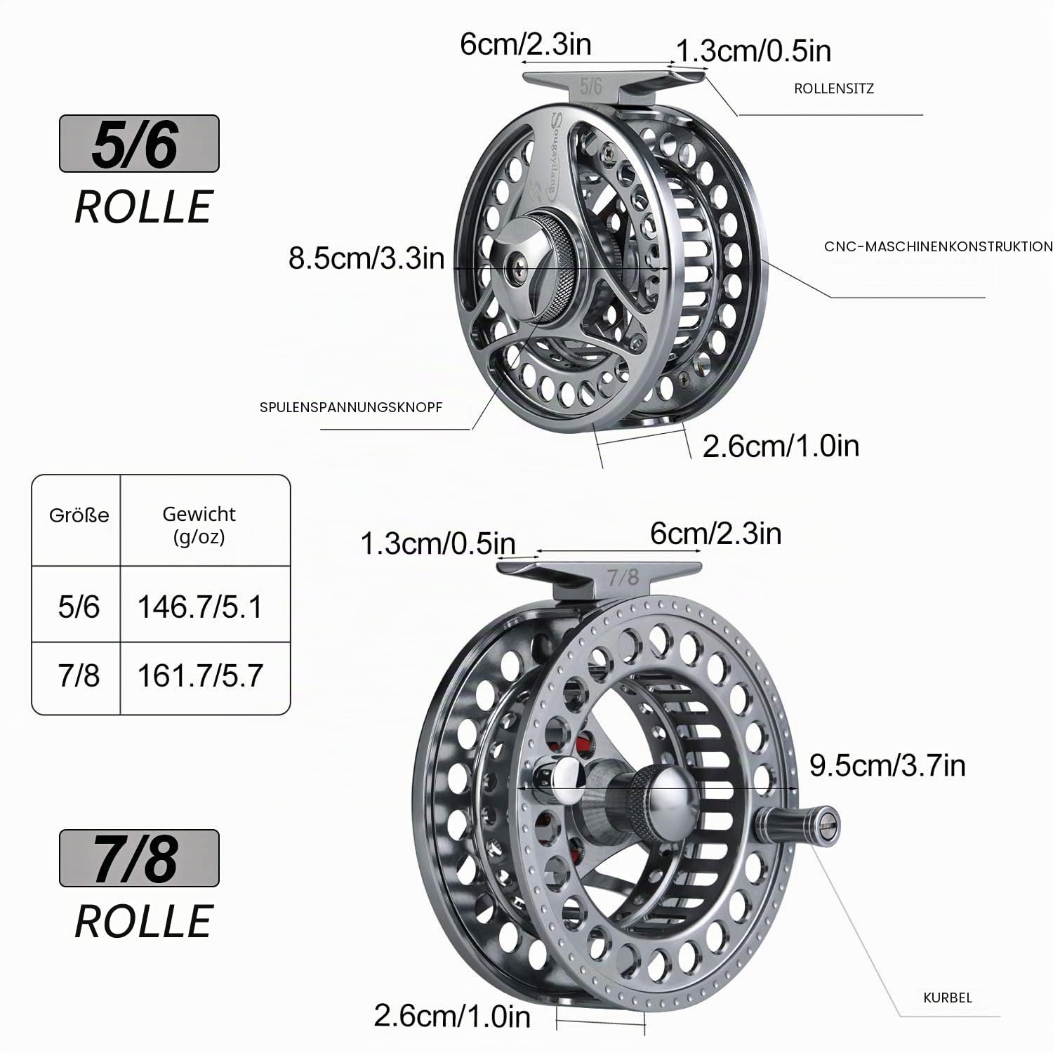 Sougayilang Fliegenfischerrolle Ultraleicht, oxidationsbeständig, CNC-gefrästes Gehäuse und Spule aus Aluminiumlegierung Fliegenfischerrollen Größe 5/6, 7/8-C5/6