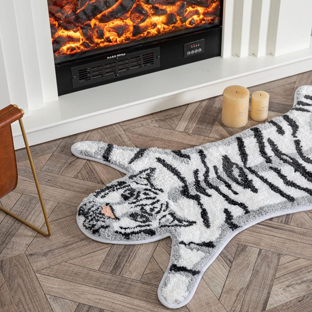 Personalized Tiger Print Area Rug, Cute Faux Tiger Plush Non-Slip Fluffy Animal Print Carpet Door Mat for Living Room Bedroom Playmat 39x26in White