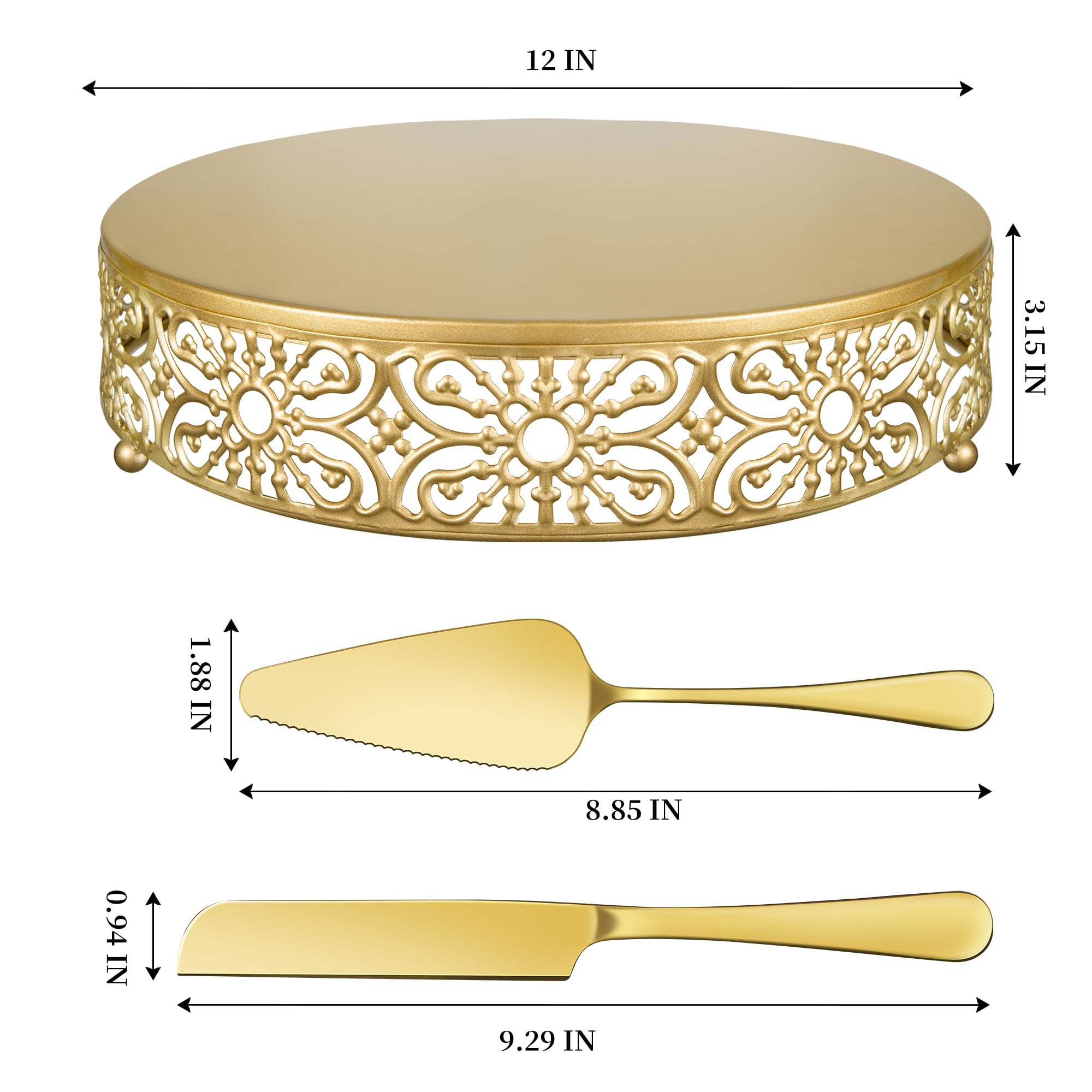 Gold Wedding Cake Stand 12 Inch, Metal Round Dessert Display Cupcake Stands for Celebration, Birthday, Party, Decor (with Cake Knife and Server Set)