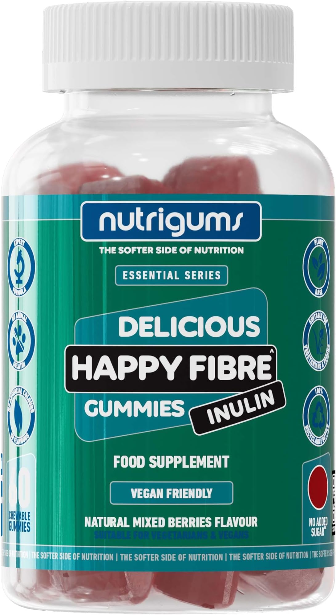 Happy Fibre (Inulin) Chicory Root Prebiotic Gummy | 3.8g Fibre | Mixed Berry Flavour | 60 Vegan Gummies | No Added Sugar | Gut Health and Digestive System Support by NUTRIGUMS®