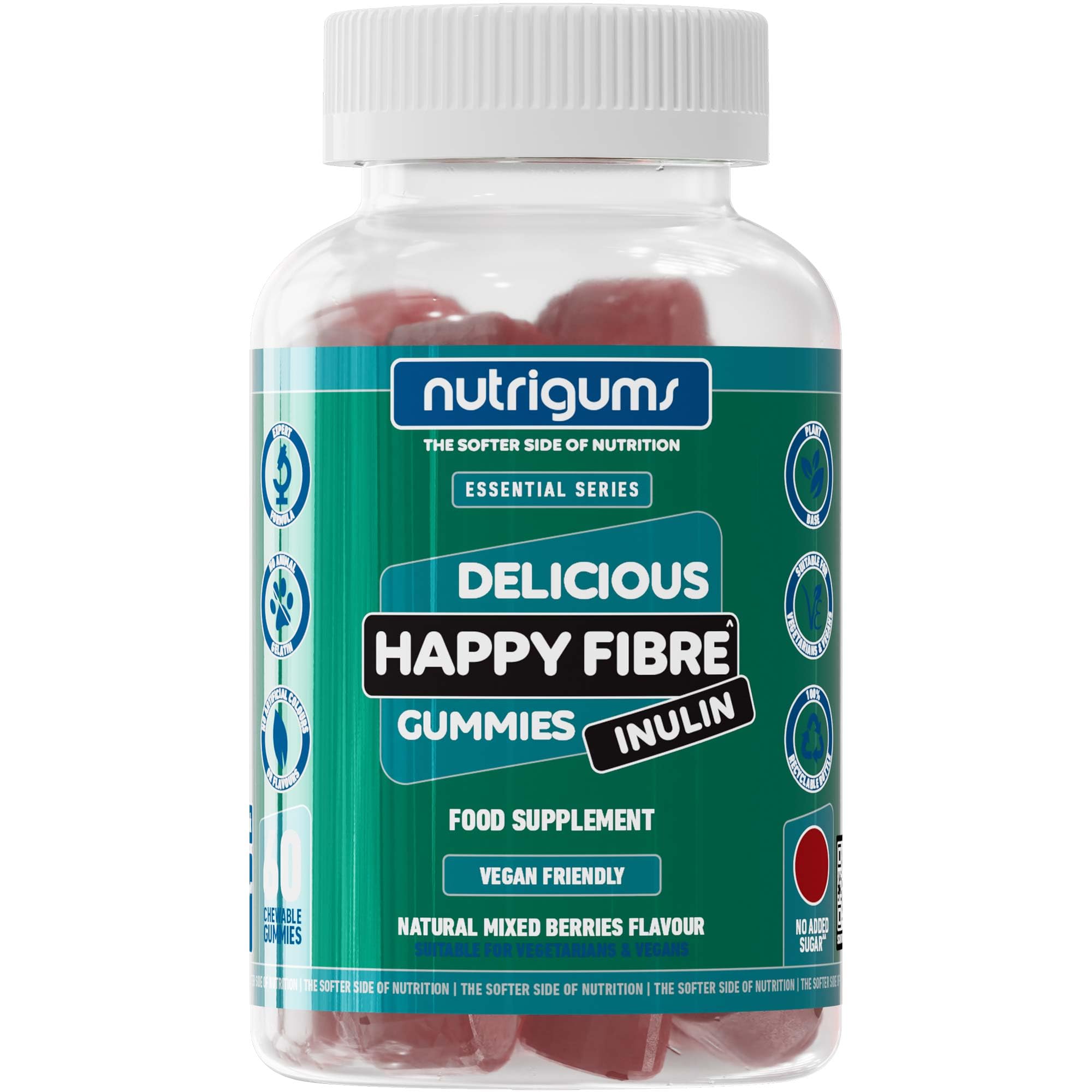 Happy Fibre (Inulin) Chicory Root Prebiotic Gummy | 3.8g Fibre | Mixed Berry Flavour | 60 Vegan Gummies | Gut Health and Digestive System Support by NUTRIGUMS®
