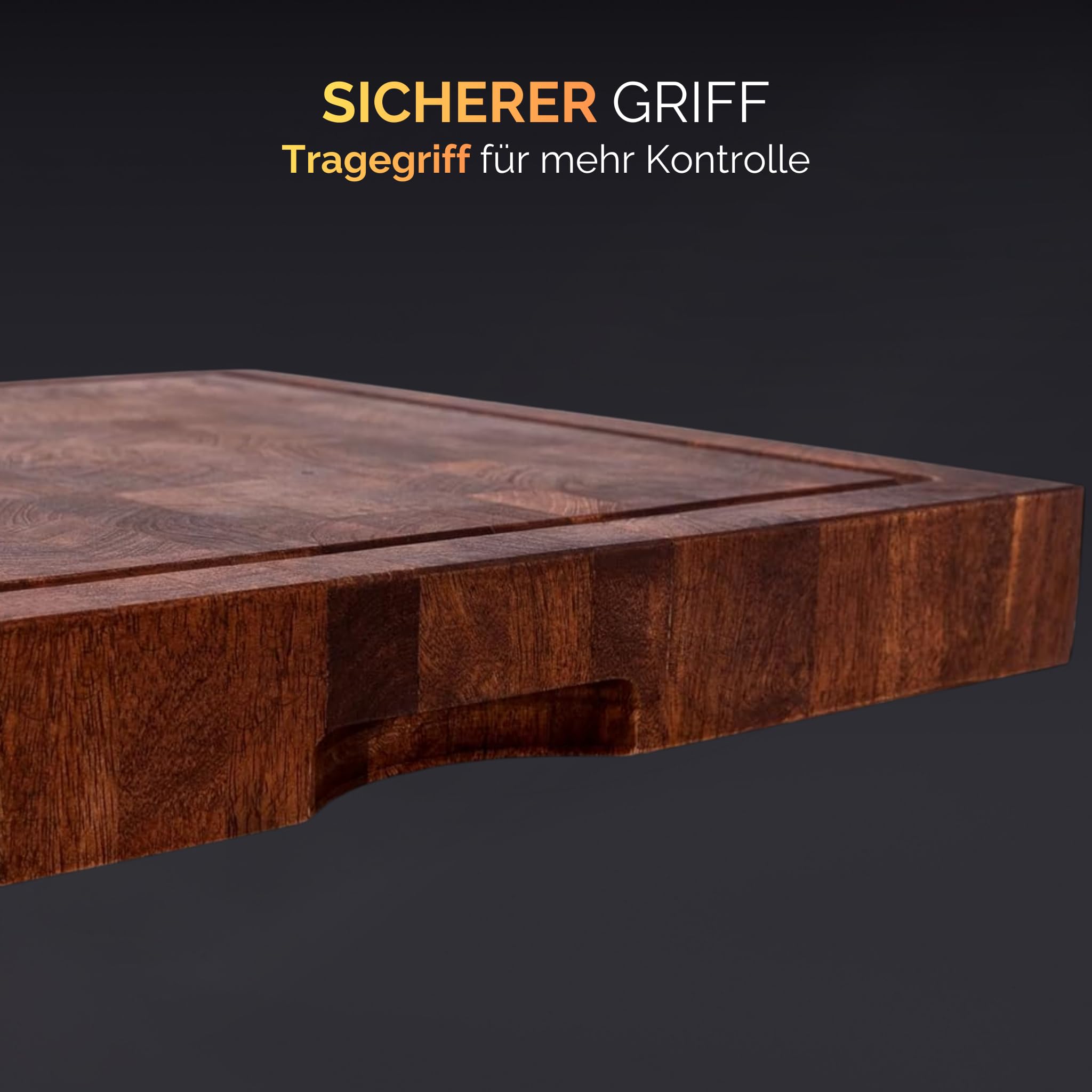 NYORD Holzschneidebrett aus Geöltem Mangoholz, Wasserabweisend, 40 x 40 cm, Massives Schneidebrett mit Saftrille und cm-Skala, Großes Küchenbrett mit Rutschfesten Standfüßen