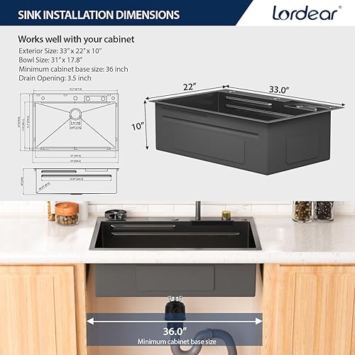Miniatura 177 de Lordear - Fregadero de cocina encajado de 21 x 20 x 10 pulgadas, tipo bar, de acero inoxidable de calibre 16, con una sola cubeta, para exteriores
