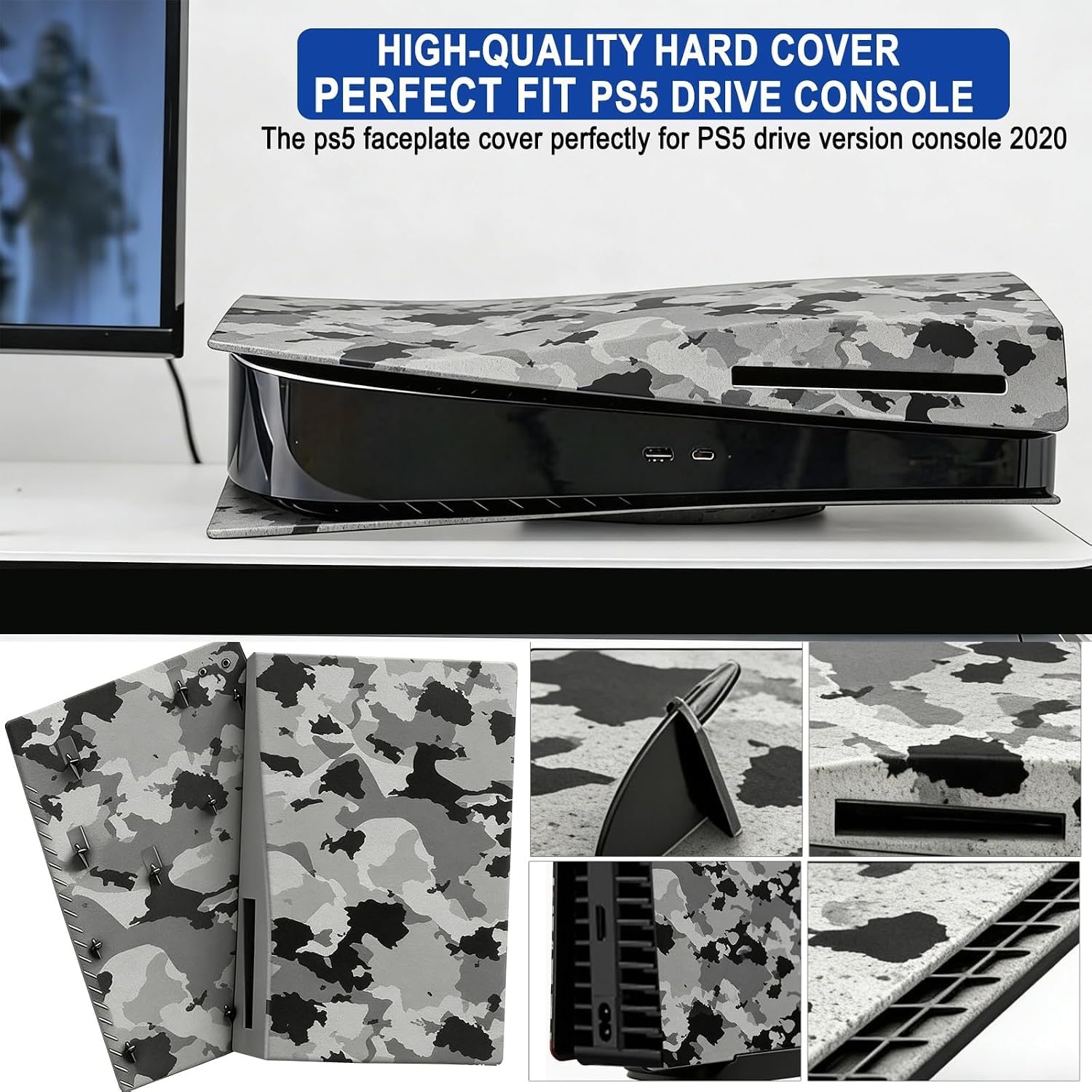 arVin Placa lateral de repuesto para PS5, cubierta de repuesto para consola PS5 versión disco, accesorios a prueba de polvo para consola PS5, funda ABS (camuflaje, versión de disco)