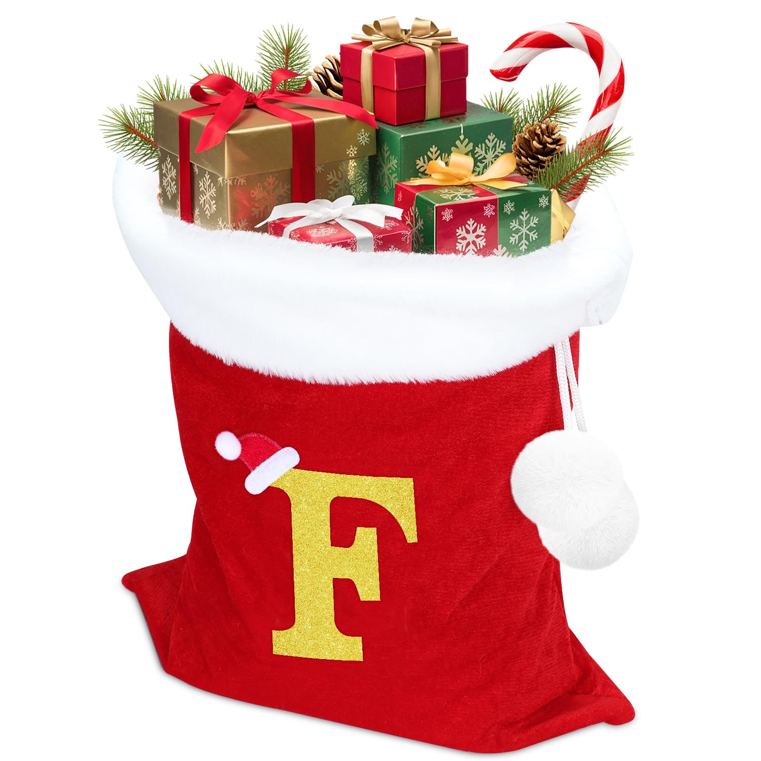 Santa Sack, Personalised Letter Embroidery Christmas Santa Sack, Extra Large Velvet Santa Bag for Storing, Holiday Presents, Stocking Stuffers, Traditional Red and White (F)