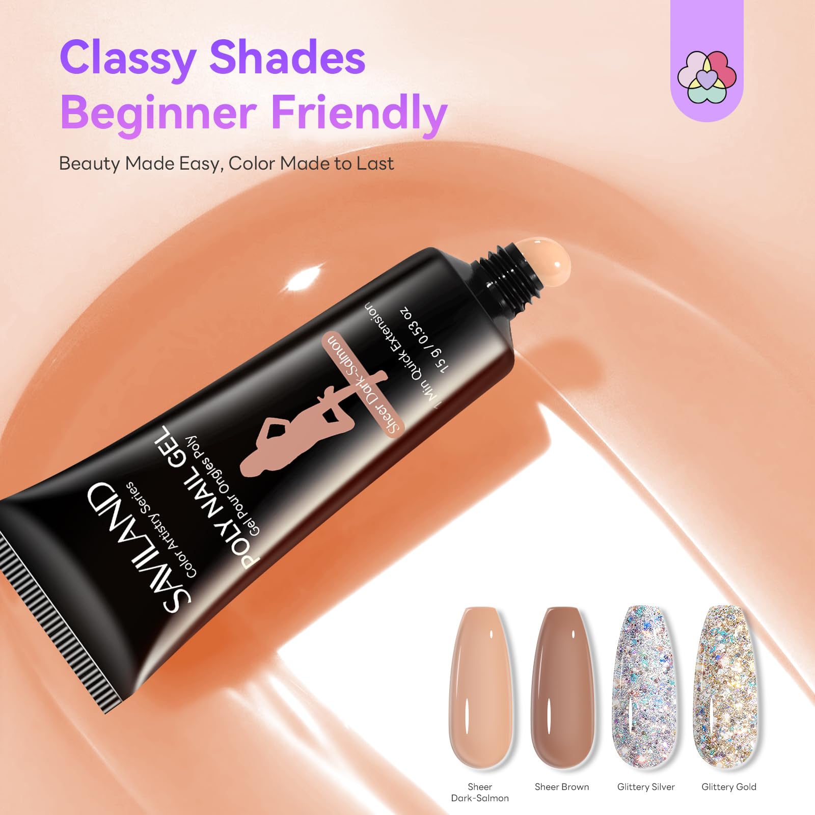 SAVILAND Poly Gel per Unghie Kit, 4 Colori Marrone, Glitter, Gel Ricostruzione Unghie con Base & Top Coat, Lampada UV e Strumenti per Unghie, Estensione Unghie Kit Nail Art per Fai Da Te a Casa 02