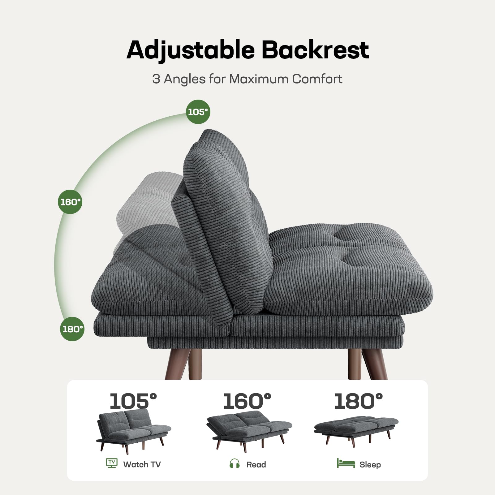 Marsail 66" Futon Sofa Bed, Convertible Corduroy Futon Couch with Adjustable Backrest & Armrests, Small Sleeper Sofa Loveseat for Living Room, Apartment, Office, Light Gray