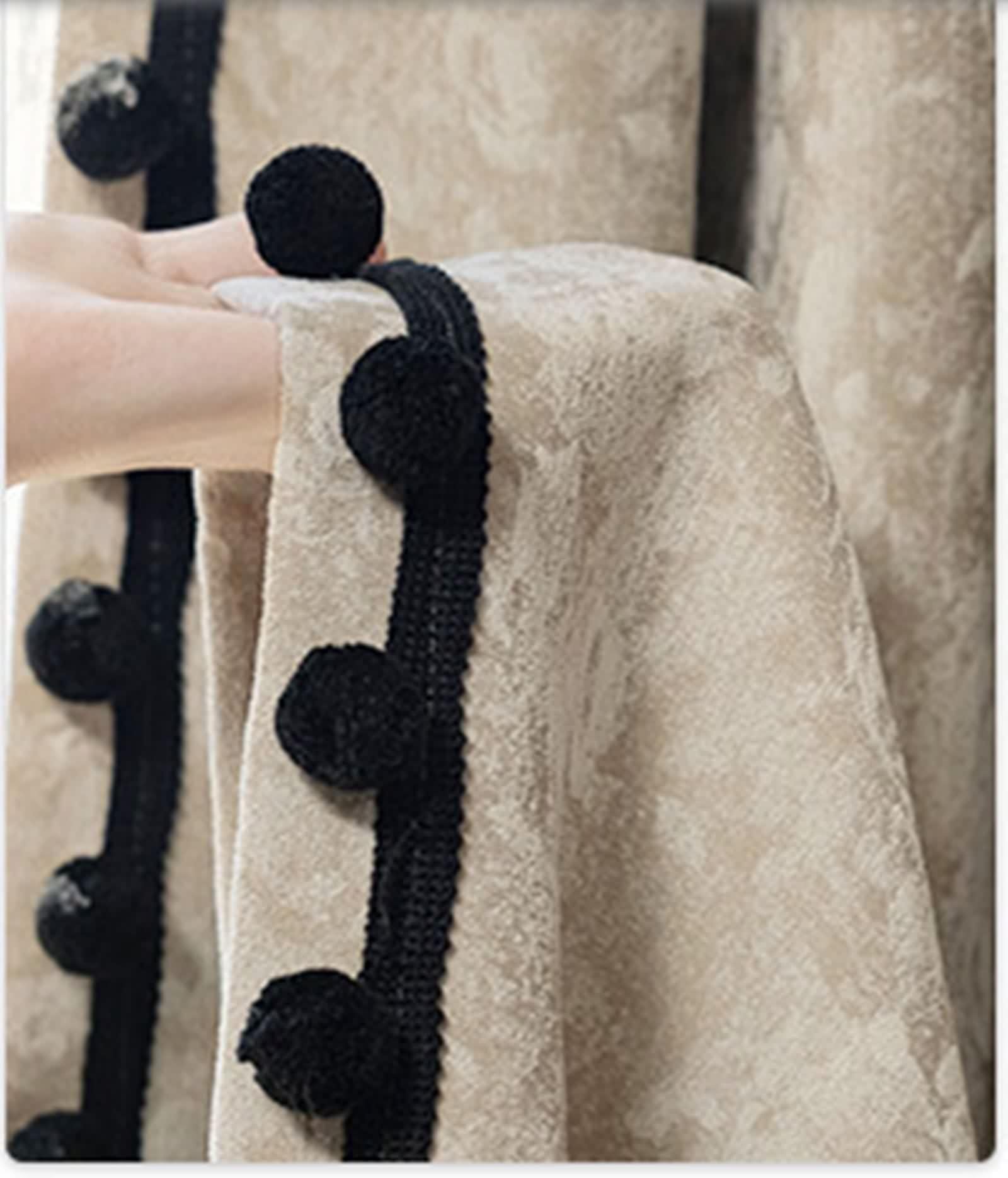Vorhänge Verdunkelung, Gardinenstoff Fenster Samtball mit Jacquardmuster und Schwarzem Rand Chenille Beige, Hellkhaki, Schwarz 2er Set B 107 x H 132 cm