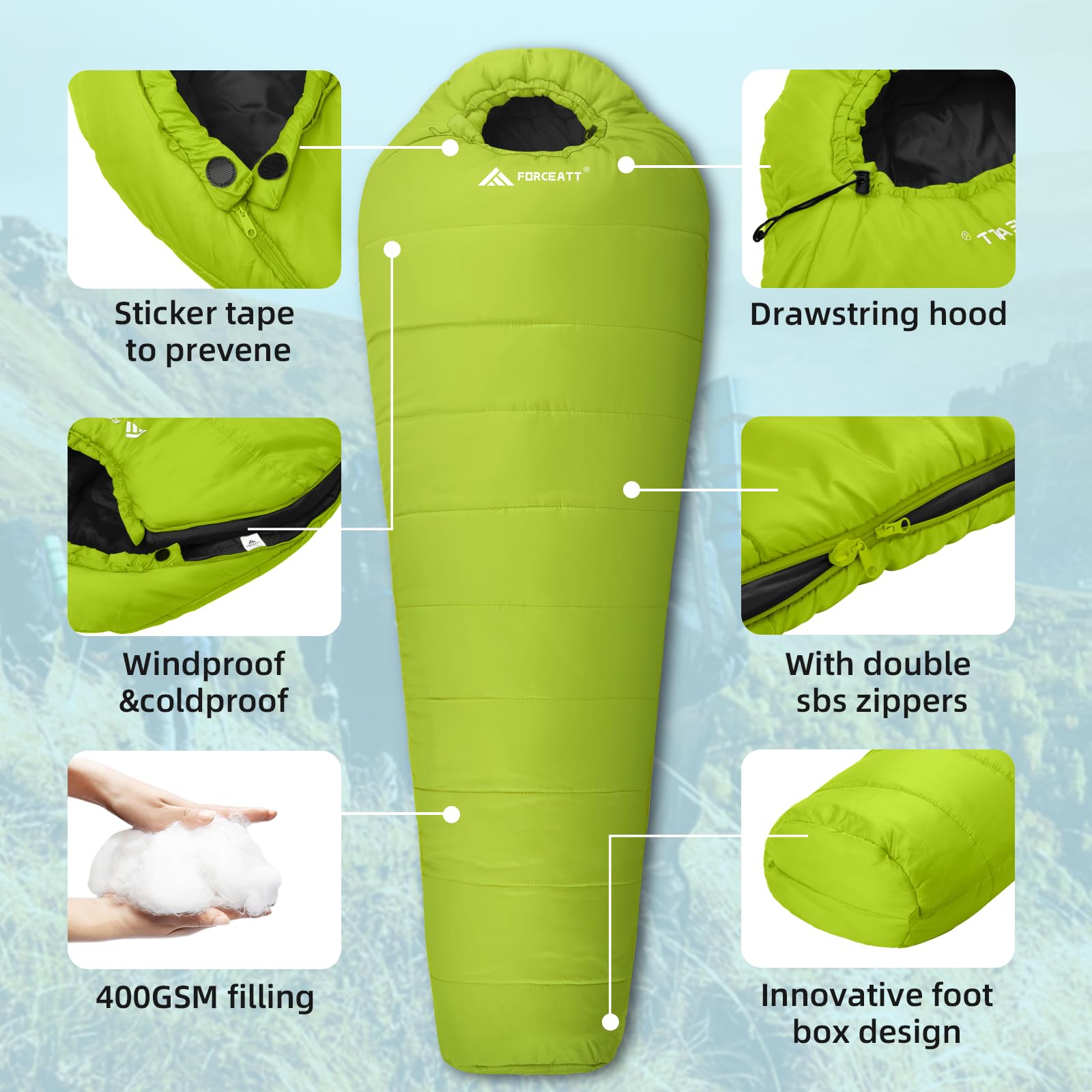 Forceatt Sac de Couchage Momie,0℃-20℃,Sac de Couchage Adulte pour 3-4 Saison,Imperméable et Indéchirable,Sac de Couchage Compact pèse 1.62-2Kg,Convient pour la Randonnée et Activités D’extérieur