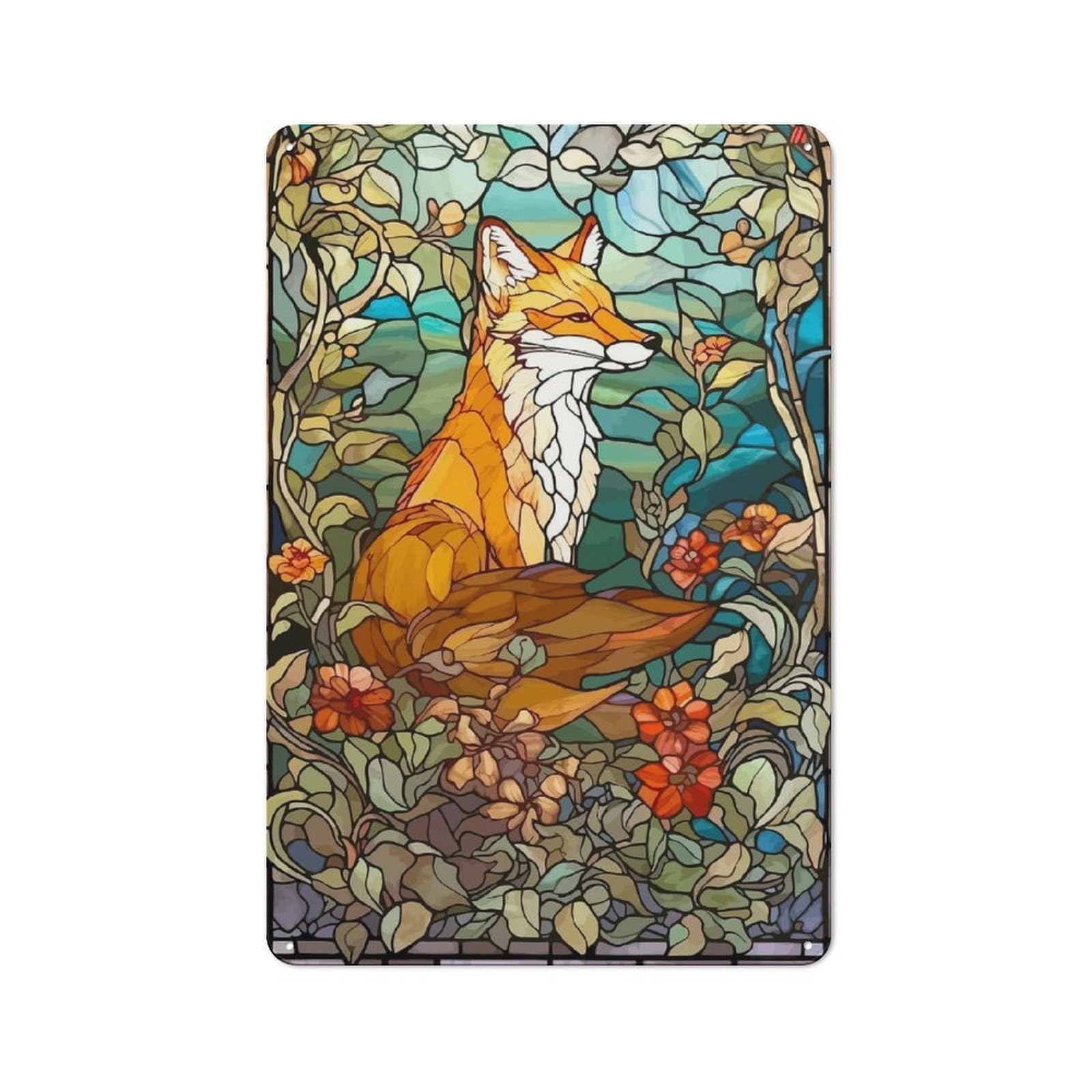 Junmoney Stained Glass Fox Metal Plaque 30X20cm With For Pub Or Café, Rustic Decor, For Pub Decor Enthusiasts